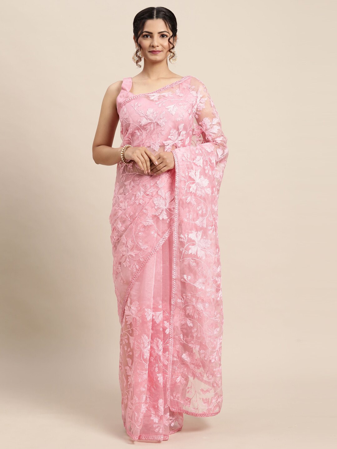 Saree Mall Pink Floral Embroidered Organza Sarees - Distacart