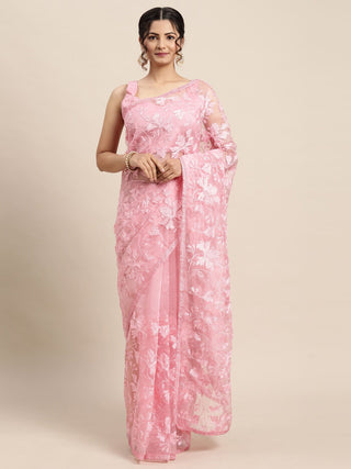 Saree Mall Pink Floral Embroidered Organza Sarees - Distacart