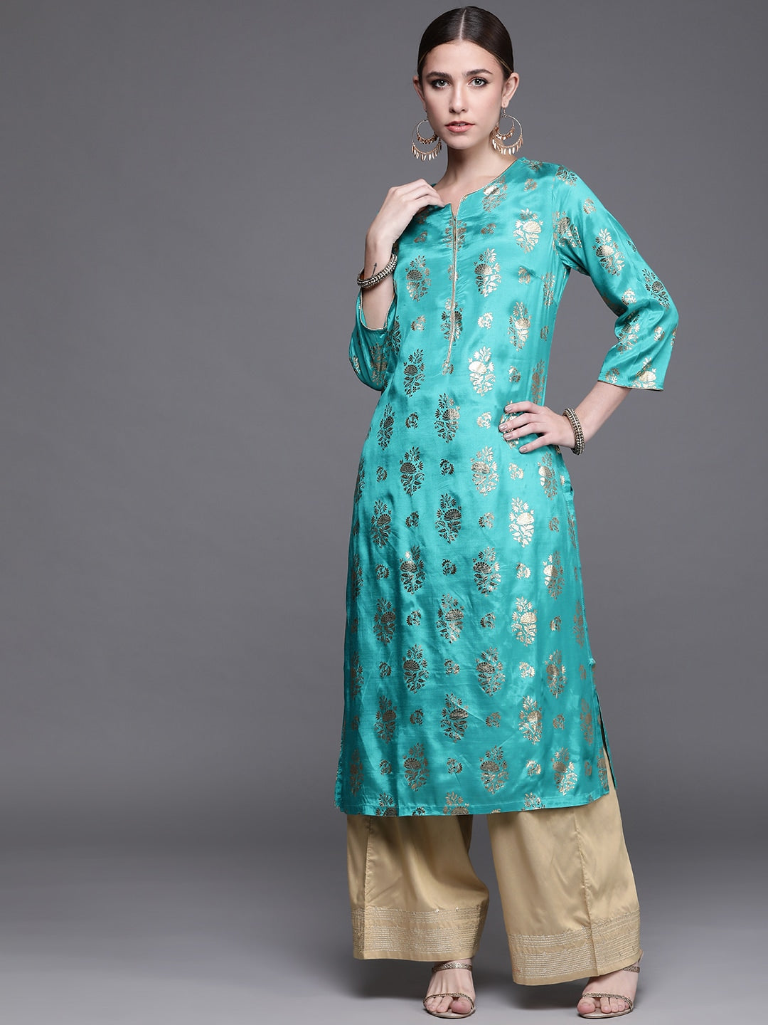 Biba Women Turquoise Blue Ethnic Motifs Foil Printed Keyhole Neck Kurta - Distacart