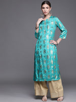 Thumbnail for Biba Women Turquoise Blue Ethnic Motifs Foil Printed Keyhole Neck Kurta - Distacart