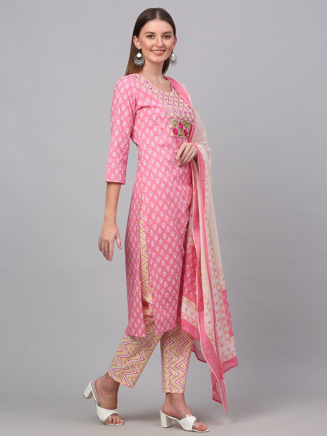 Kalini Women Pink Floral Printed Pure Cotton Kurta with Trousers & With Dupatta - Distacart