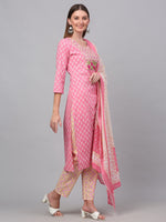 Thumbnail for Kalini Women Pink Floral Printed Pure Cotton Kurta with Trousers & With Dupatta - Distacart