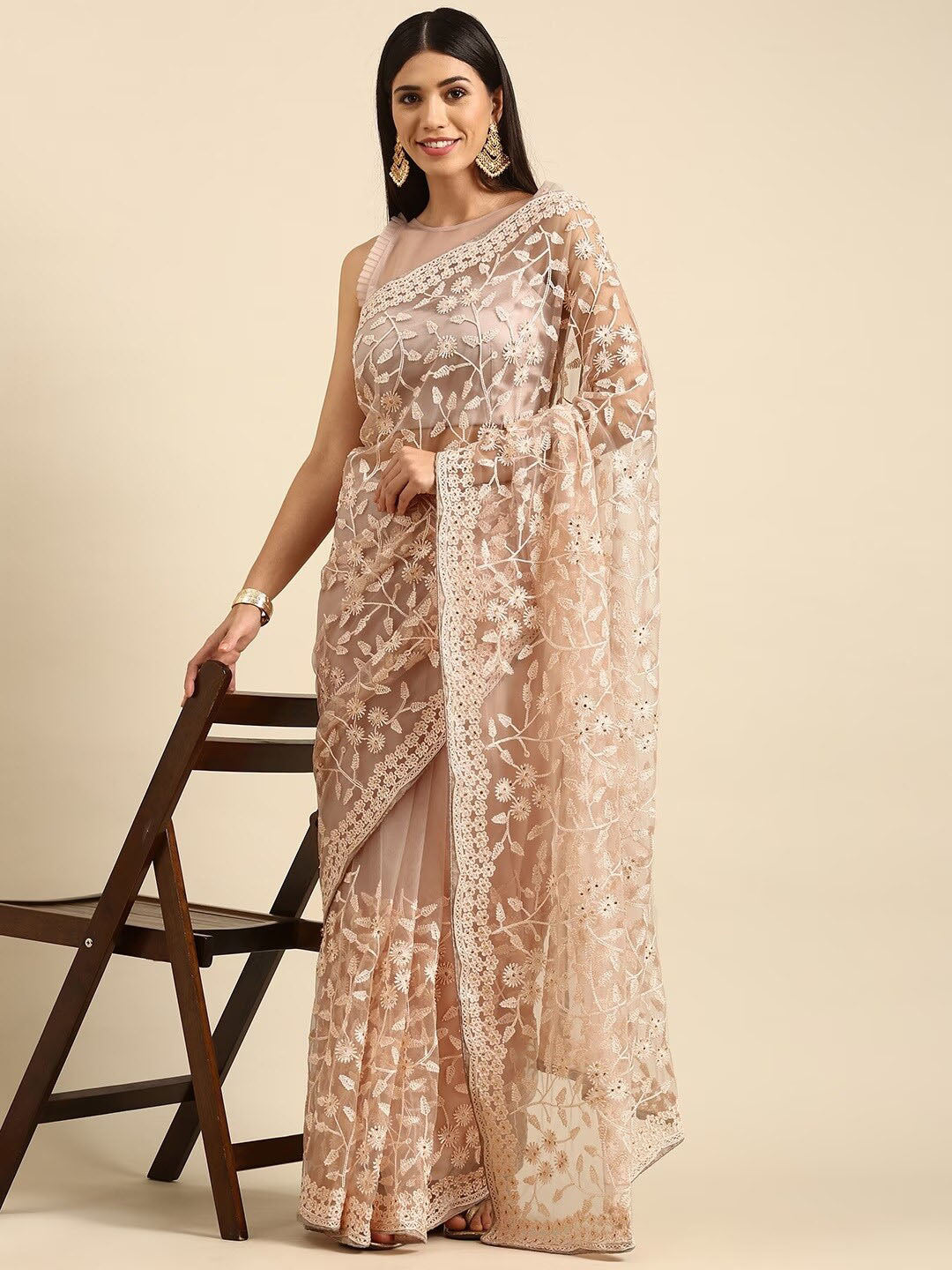 Kalini Embroidered Beads And Stones Embellished Net Saree - Distacart