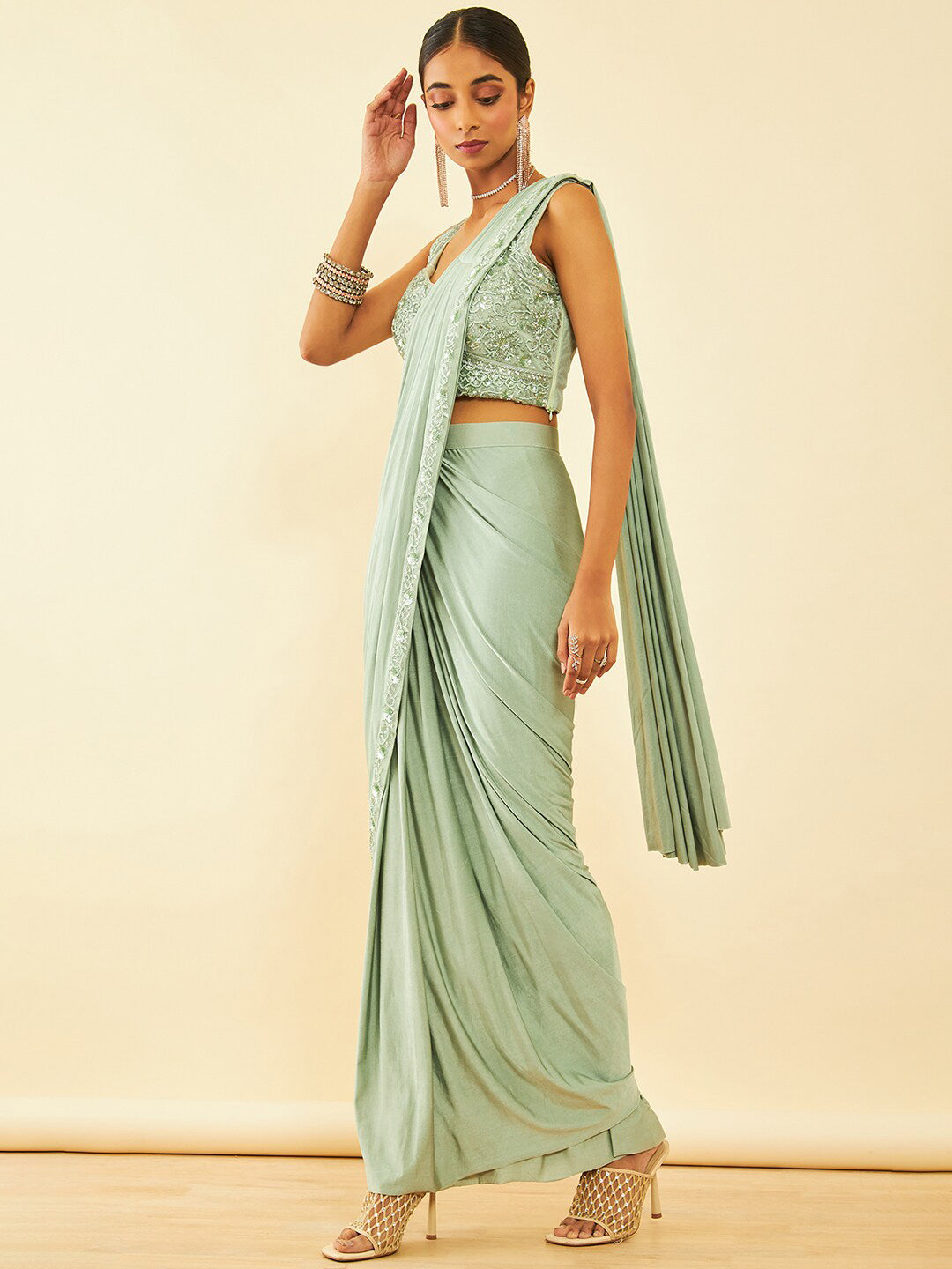 Soch Green Beads and Stones Embellished Ready to Wear Saree - Distacart