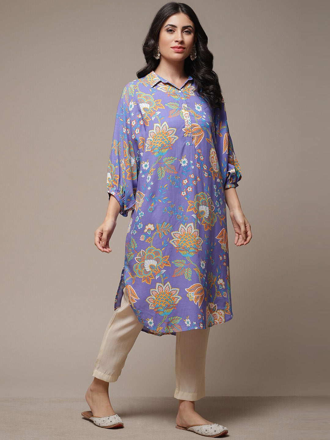 Biba Floral Printed Shirt Collar Kurta - Distacart