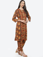 Thumbnail for Biba Women Brown Floral Printed Kurta with Trousers - Distacart