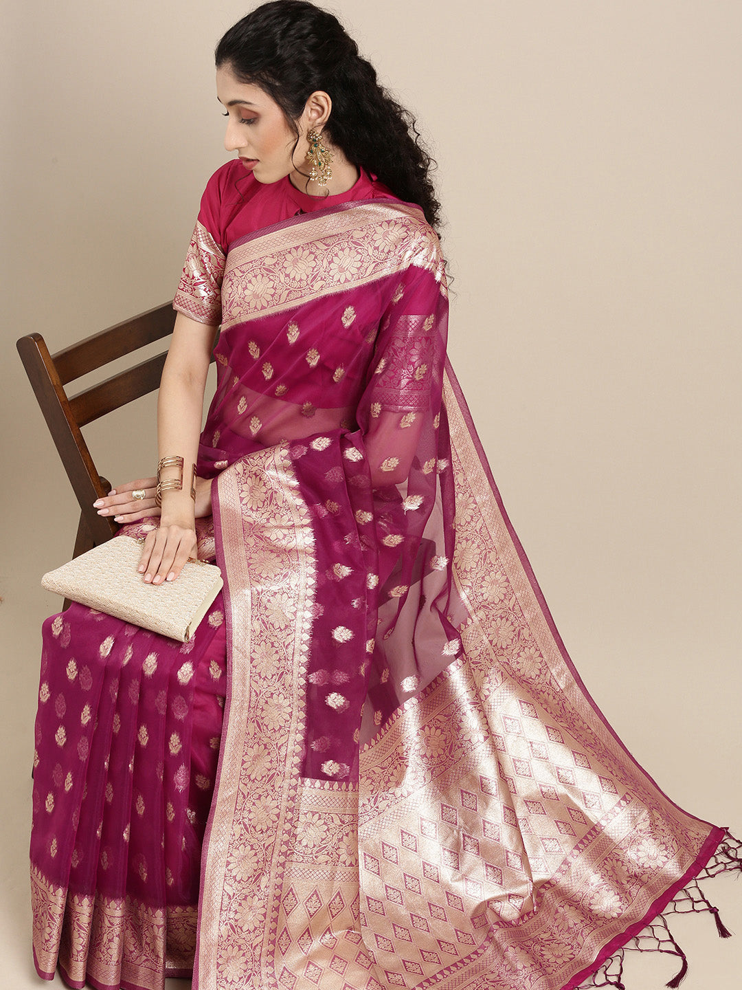 Saree Mall Magenta Ethnic Motifs Zari Organza Banarasi Saree - Distacart