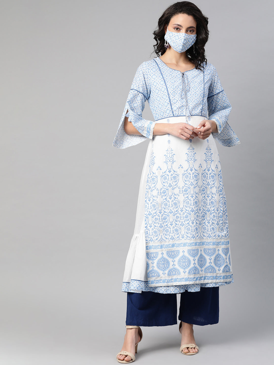 Biba Women White Blue Printed Pure Cotton Straight Kurta - Distacart