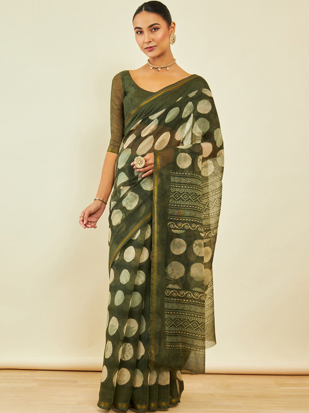 Soch Geometric Printed Zari Chanderi Saree - Distacart