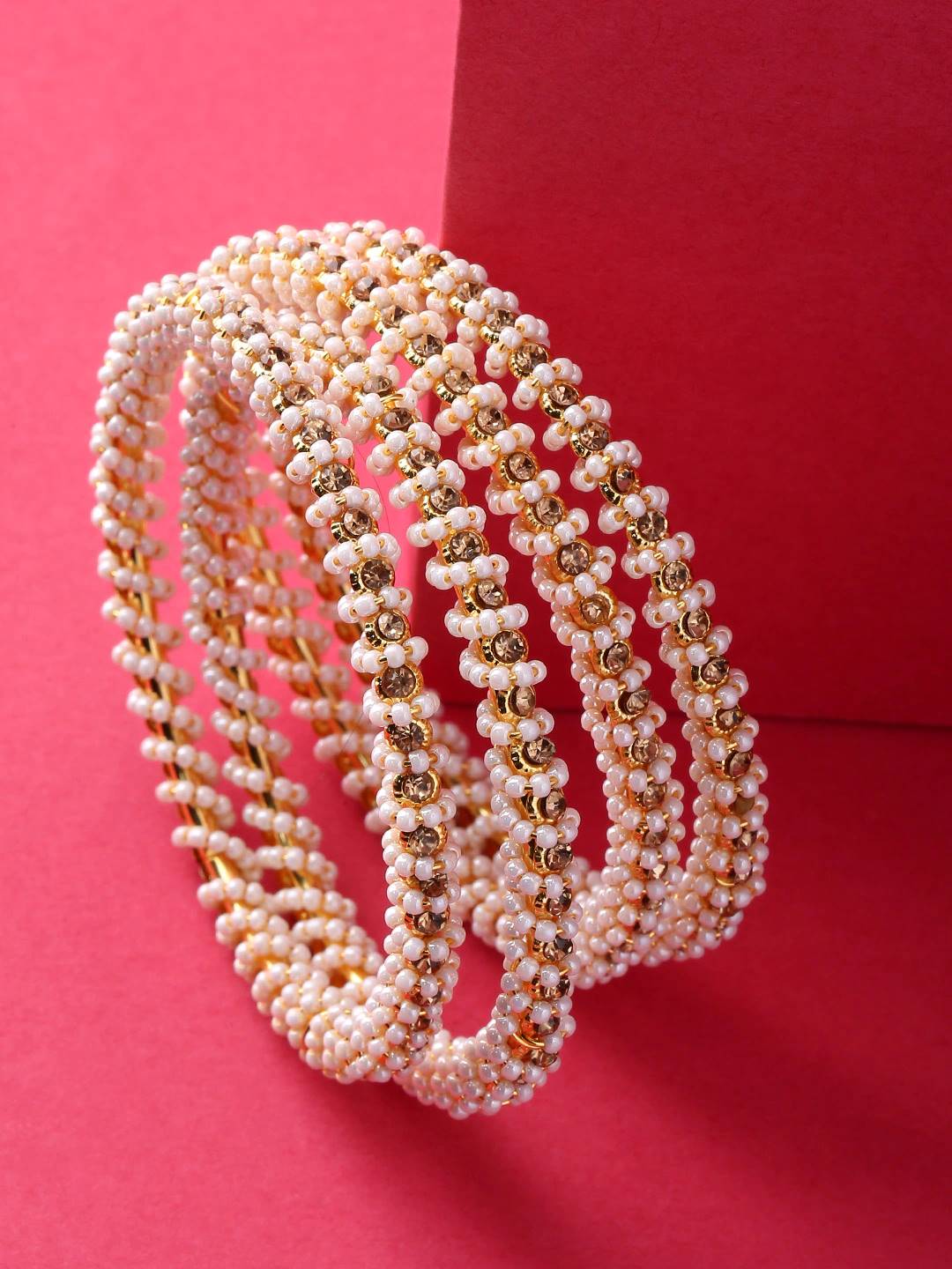Gold-Plated Alloy Pearl And Rhinestones Studded Bangle Set - The Pari - Distacart