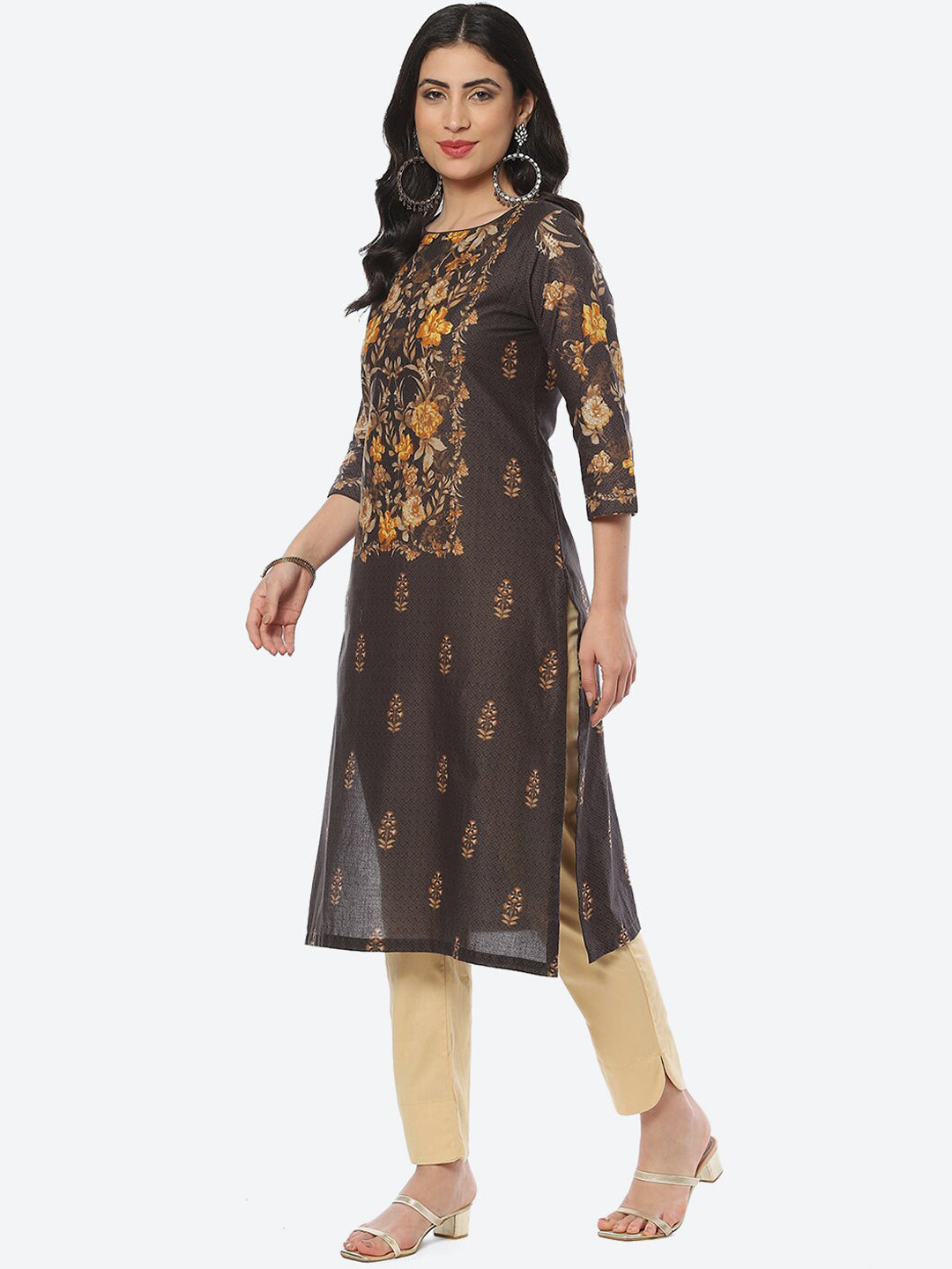 Biba Women Floral Printed Boat Neck Cotton Kurta - Distacart