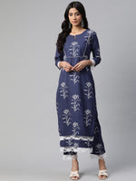 Thumbnail for Kalini Women Navy Blue & White Ethnic Motifs Printed Kurta with Trousers - Distacart