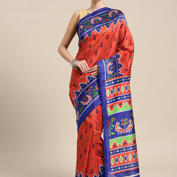Saree Mall Red & Blue Printed Bhagalpuri Saree - Distacart