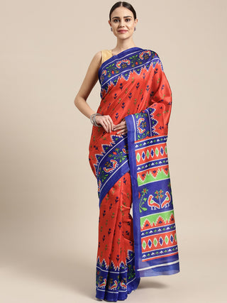 Saree Mall Red & Blue Printed Bhagalpuri Saree - Distacart