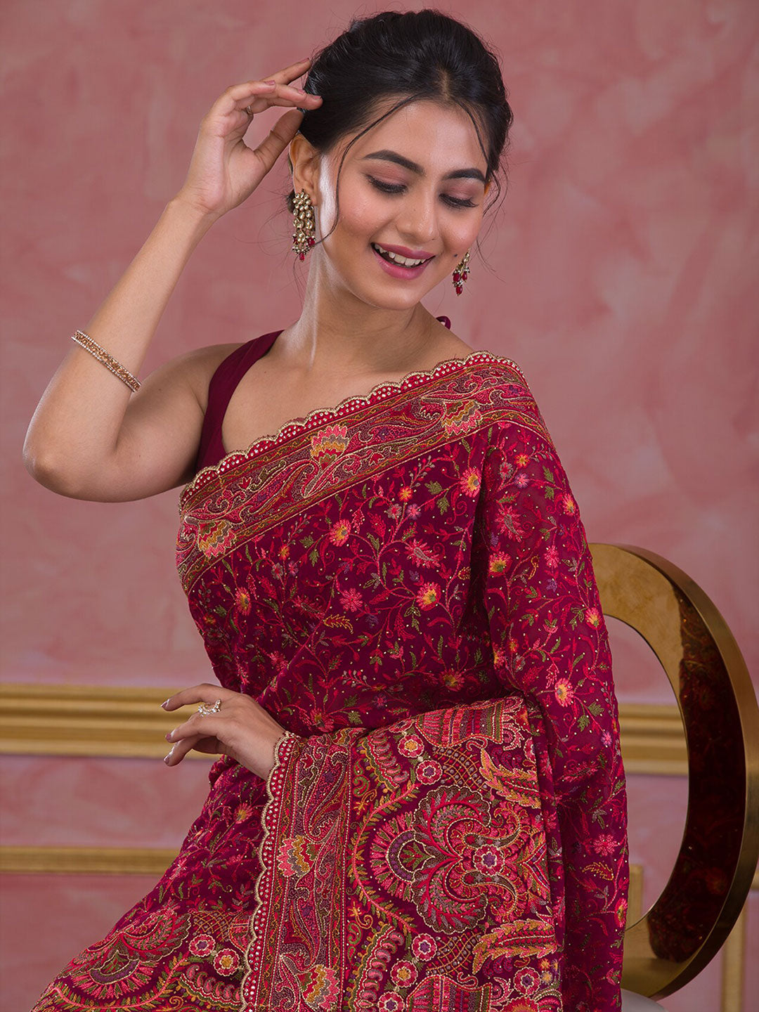 Koskii Ethnic Motifs Embroidered Poly Georgette Saree - Distacart