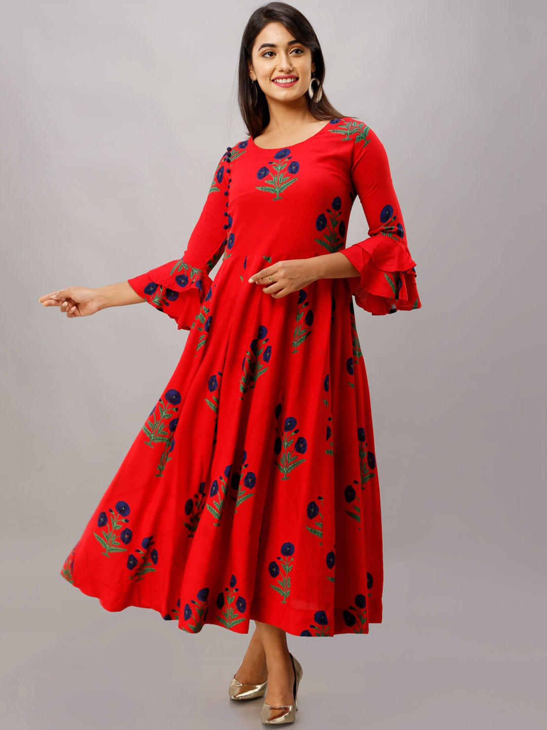 Kalini Women Red & Navy Blue Floral Printed Flared Sleeves Anarkali Kurta - Distacart