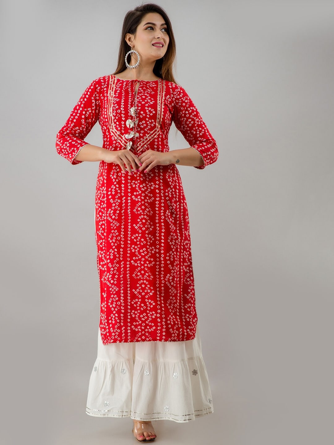 HERE&NOW Red & Gold-Toned Bandhani Printed Gotta Patti Kurta with Sharara - Distacart