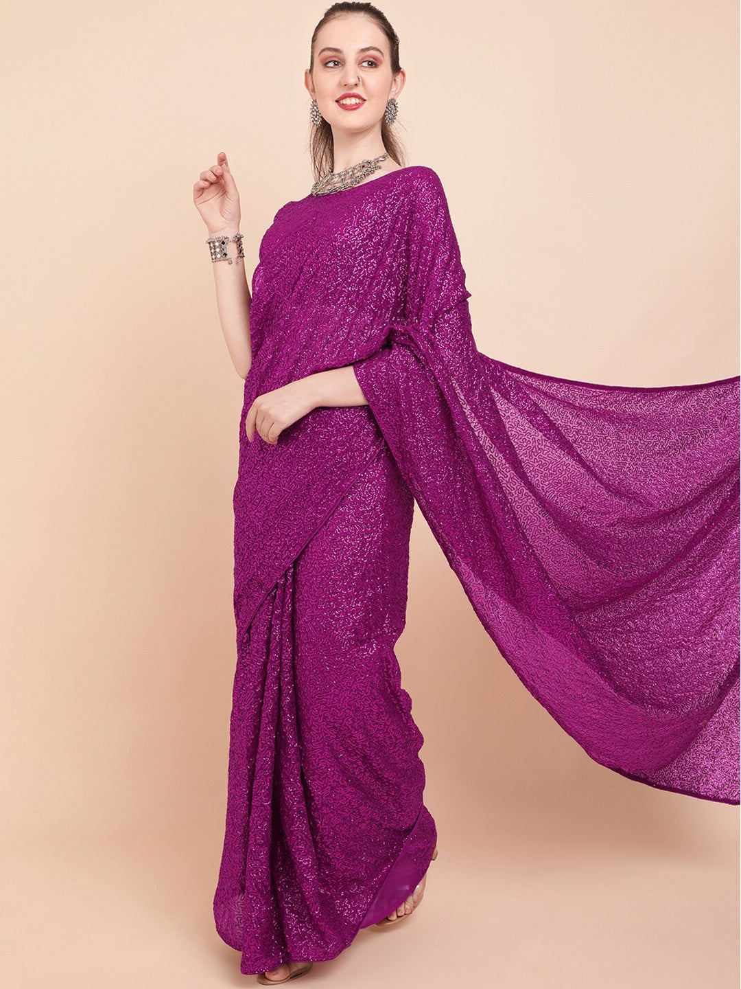 Sangria Sequinned Pure Georgette Party Saree - Distacart
