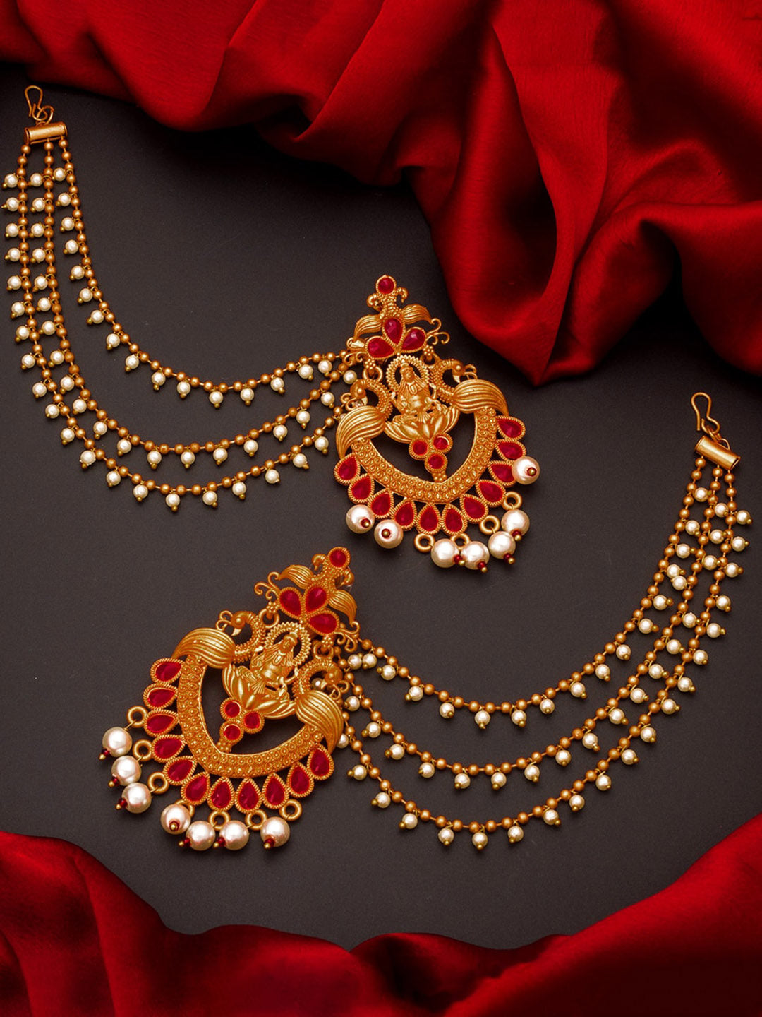 Aadita Red Gold-Toned & White Pearls Studded Contemporary Drop Earrings With Hair Chain - Distacart