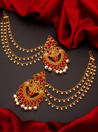 Thumbnail for Aadita Red Gold-Toned & White Pearls Studded Contemporary Drop Earrings With Hair Chain - Distacart