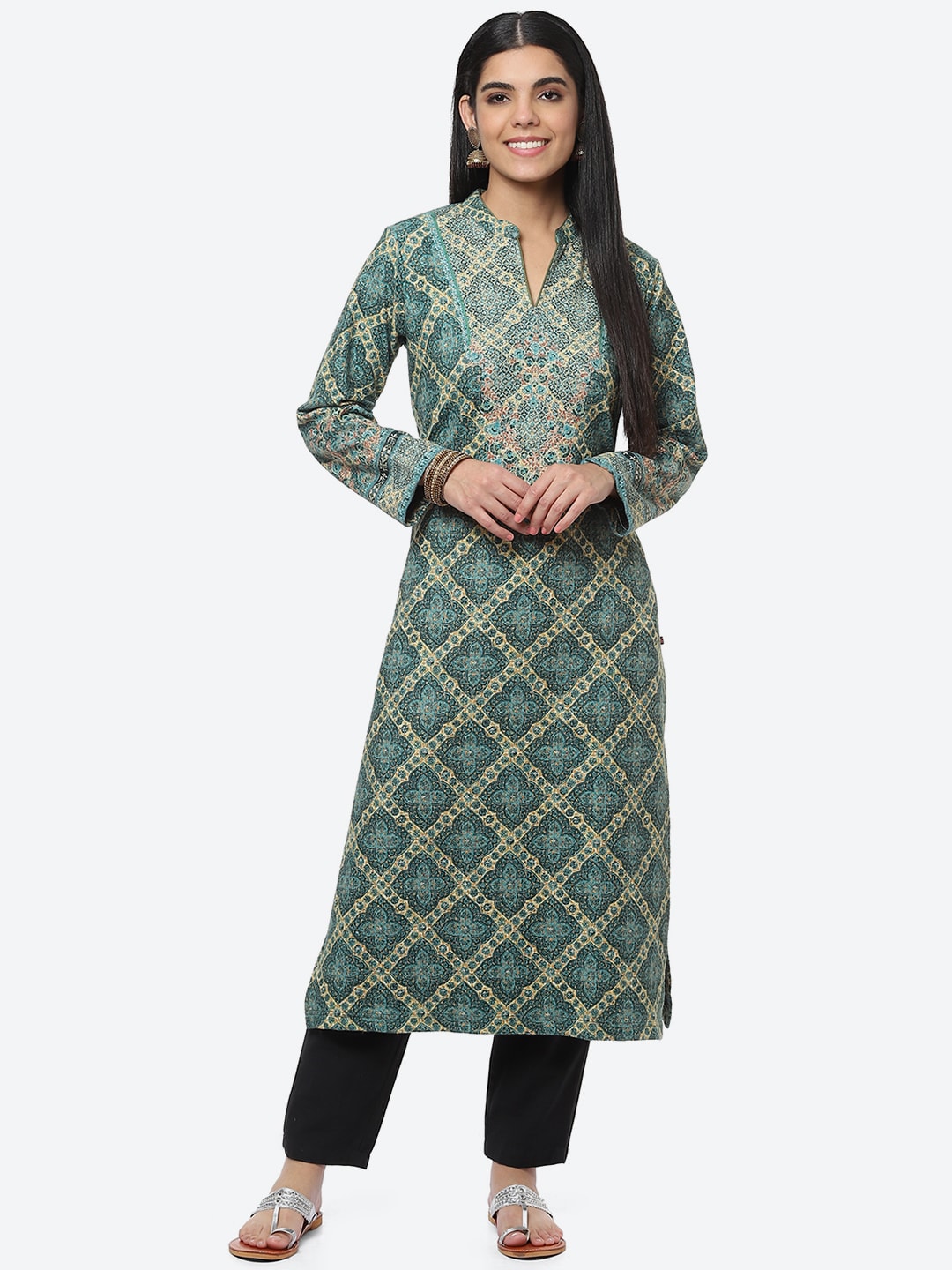 Biba Women Green Ethnic Motifs Printed Thread Work Straight Kurta - Distacart