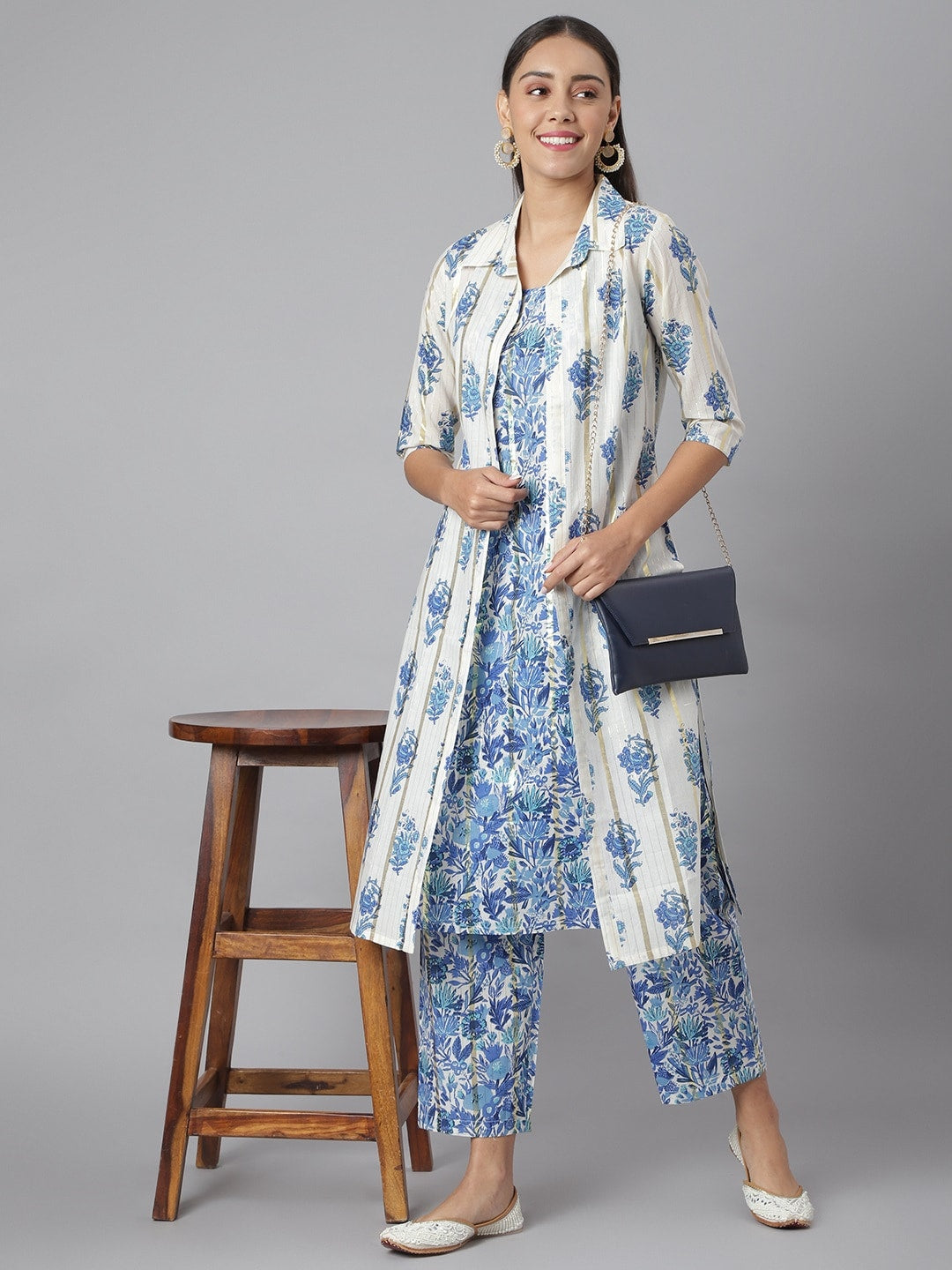 Khushal K Women Blue & White Printed Kurta with Palazzos & Jacket - Distacart