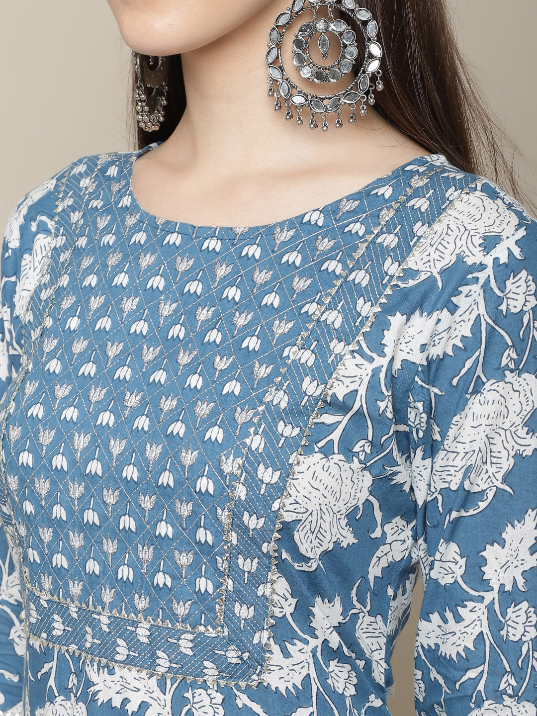 Sangria Women Blue Ethnic Motifs Printed Gotta Patti Pure Cotton Kurta with Trousers & With Dupatta - Distacart