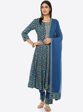 Biba Women Plus size Blue Printed Kurta with Trouser & Dupatta - Distacart