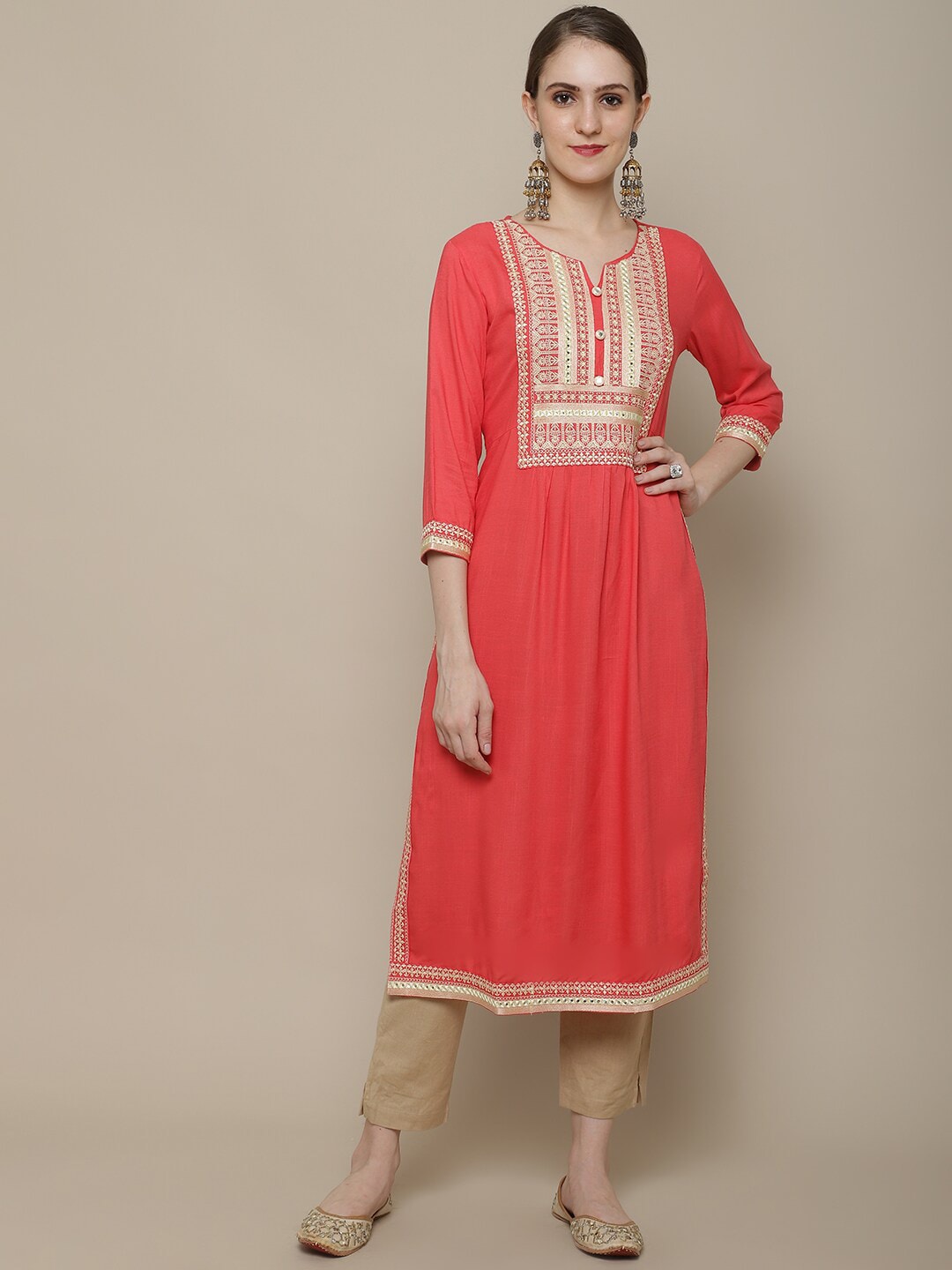 Sangria Women Coral Ethnic Motifs Yoke Design Kurta - Distacart
