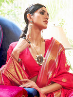 Thumbnail for Mitera Pink & Golden Floral Zari Silk Blend Banarasi Saree - Distacart