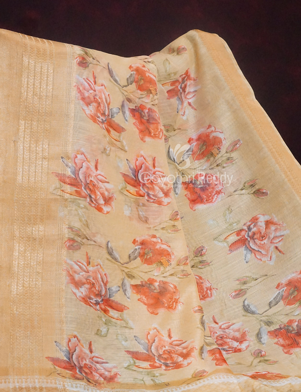 Shades of Wheat with Floral Design Semi Chanderi Saree By Gayathri Reddy Designer Studio - Distacart