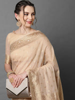 Thumbnail for Mitera Cream-Coloured & Gold-Coloured Ethnic Motifs Silk Blend Banarasi Saree - Distacart