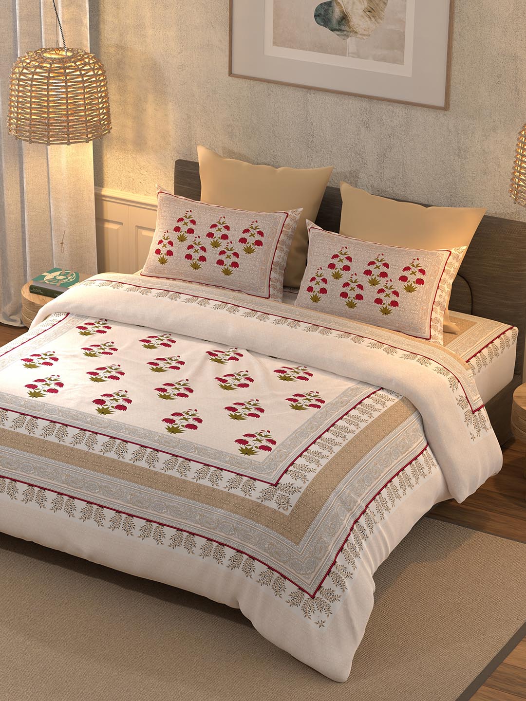 BELLA CASA Pink & Green Ethnic Motifs 350 TC Super King Bedsheet with 2 Pillow Covers - Distacart
