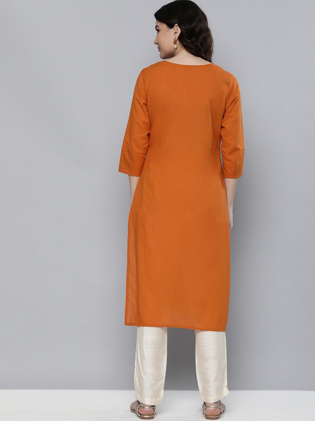 HERE&NOW Women Orange Embroidered Kurta - Distacart