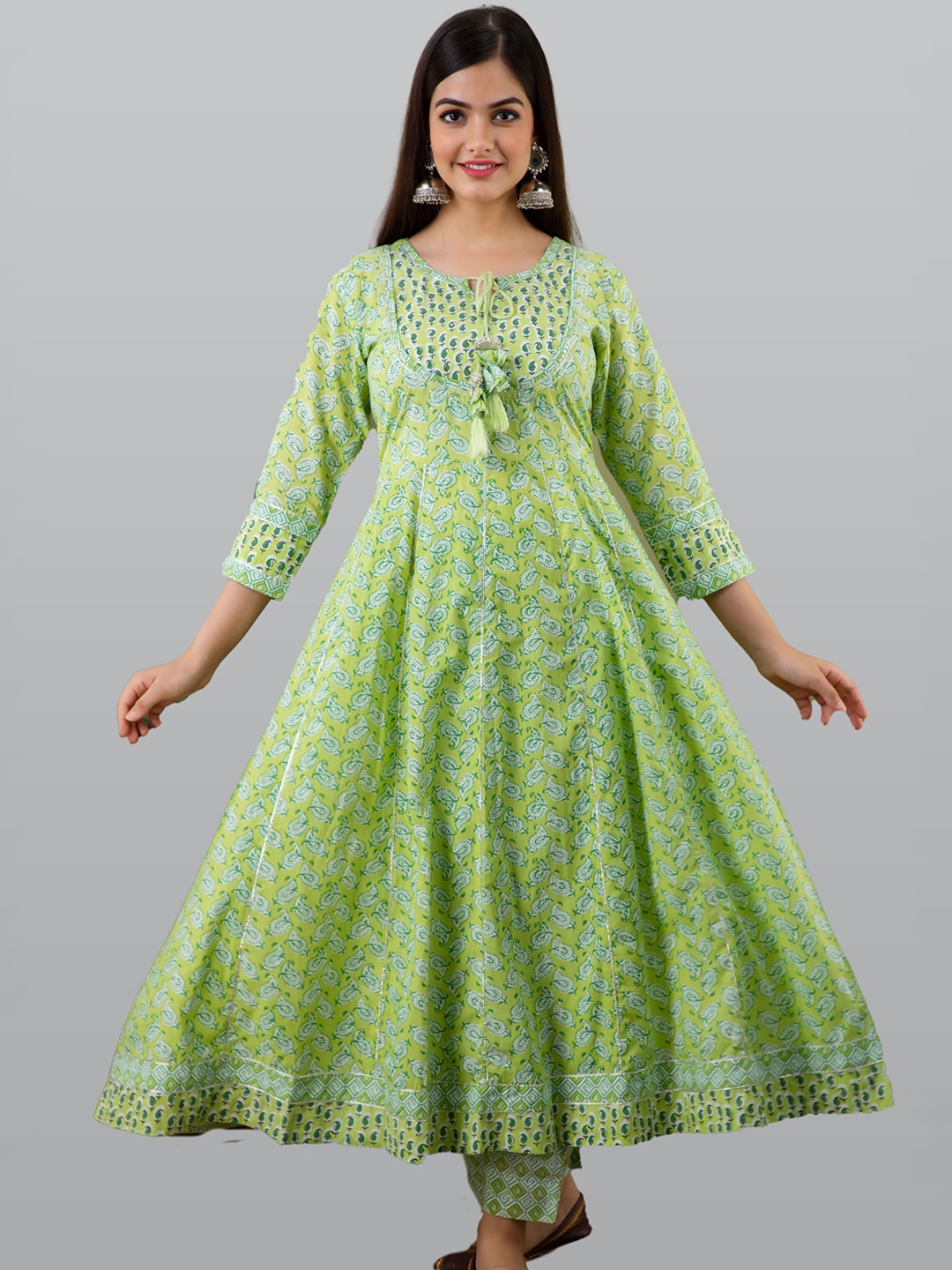 Kalini Women Green Paisley Printed Panelled Pure Cotton Kurta with Churidar & With Dupatta - Distacart