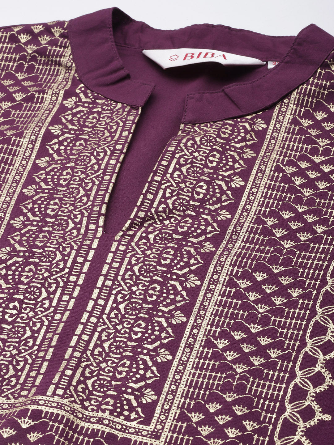 Biba Women Purple & Golden Printed Pure Cotton Kurta with Palazzos & Dupatta - Distacart