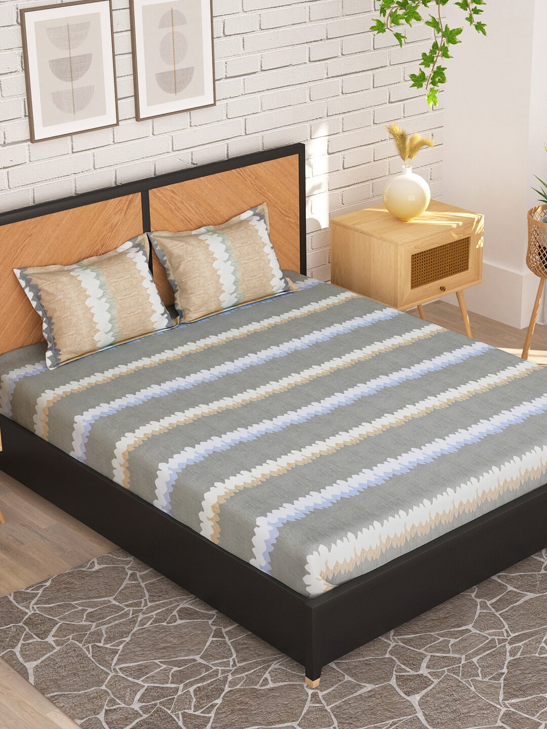 Story@home Grey & Peach-Coloured Striped 180 TC Queen Bedsheet With 2 Pillow Covers - Distacart