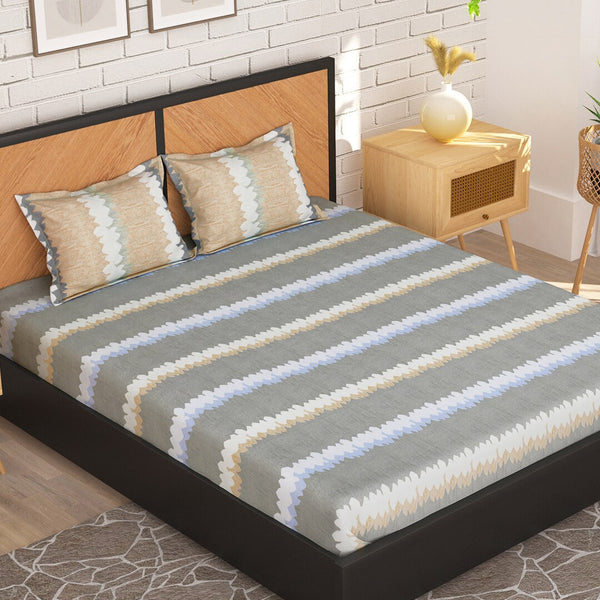Story@home Grey & Peach-Coloured Striped 180 TC Queen Bedsheet With 2 Pillow Covers - Distacart