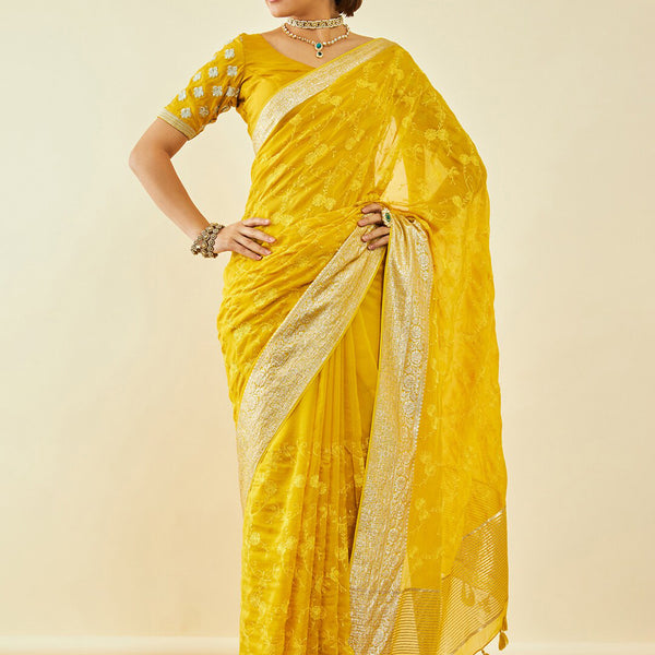 Soch Yellow & Gold-Toned Floral Embroidered Zari Organza Saree - Distacart