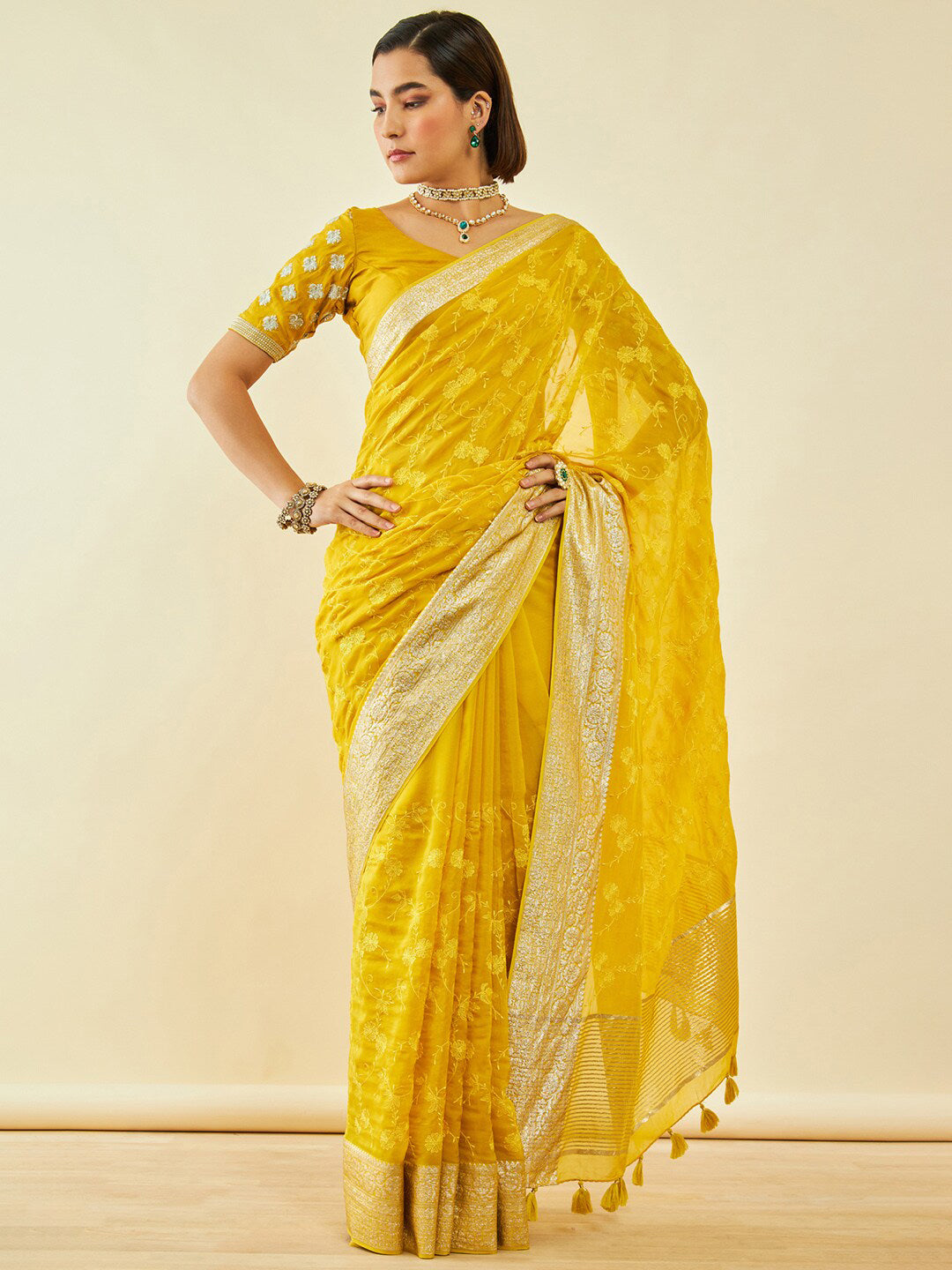 Soch Yellow & Gold-Toned Floral Embroidered Zari Organza Saree - Distacart