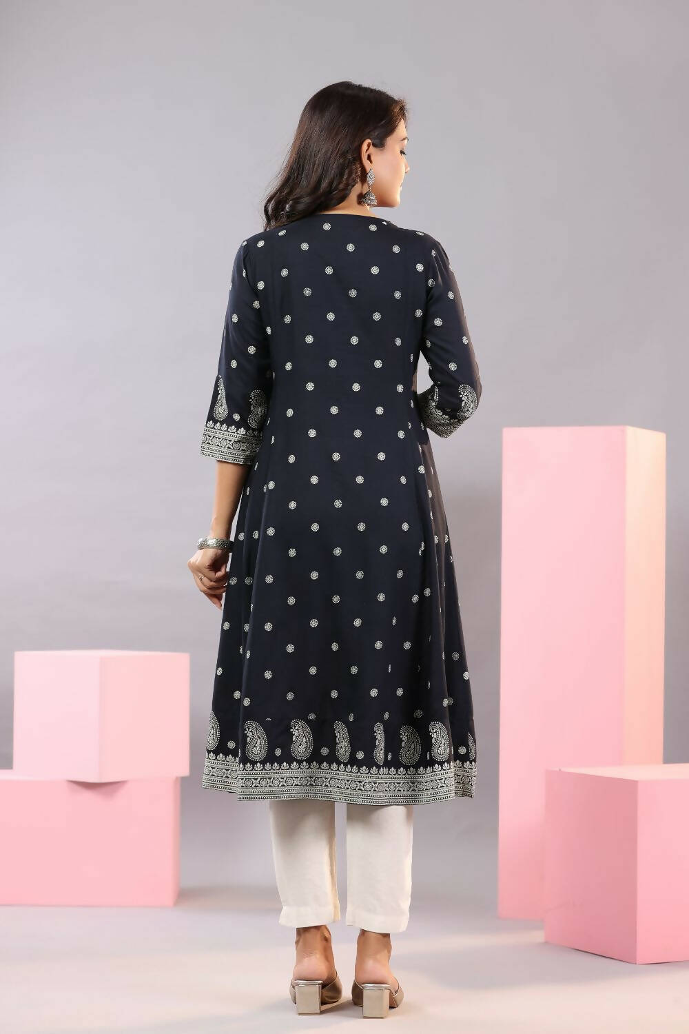 Juniper Women Indigo Rayon Printed A-Line Kurta - Distacart
