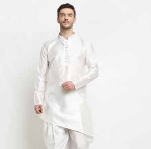 Kalyum Men's Silk Blend White Asymmetrica Short Kurta - Distacart