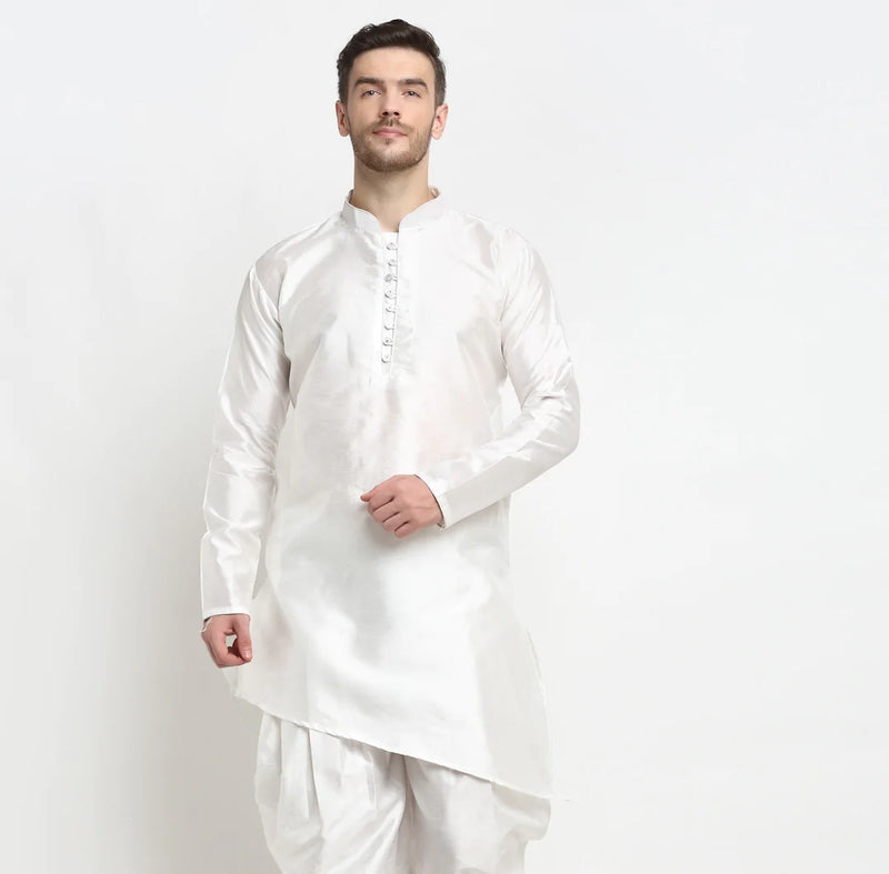 Kalyum Men&#39;s Silk Blend White Asymmetrica Short Kurta - Distacart