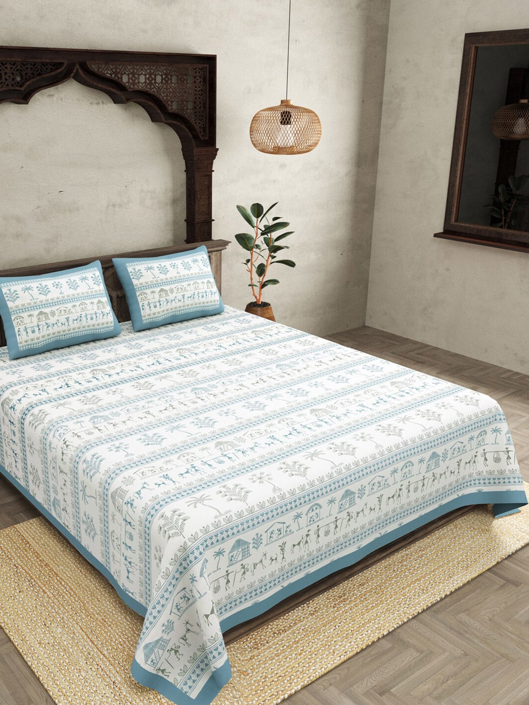 JAIPUR FABRIC Blue Ethnic Motifs Cotton 250 TC Super King Bedsheet With 2 Pillow Covers - Distacart