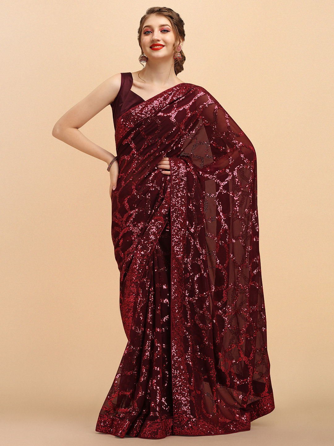 Sangria Burgundy Sequinned Pure Georgette Heavy Work Saree - Distacart