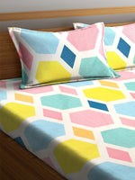 Thumbnail for KLOTTHE Multicoloured Geometric 300 TC Fitted Double Bedsheet with 2 Pillow Covers - Distacart