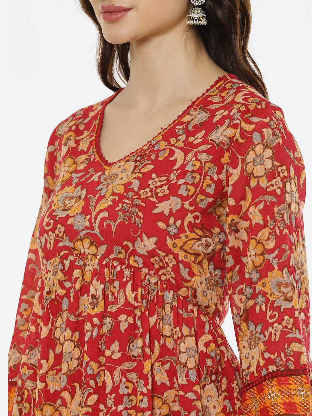 Biba Women Red Floral Printed Empire Pure Cotton Kurta with Palazzos - Distacart