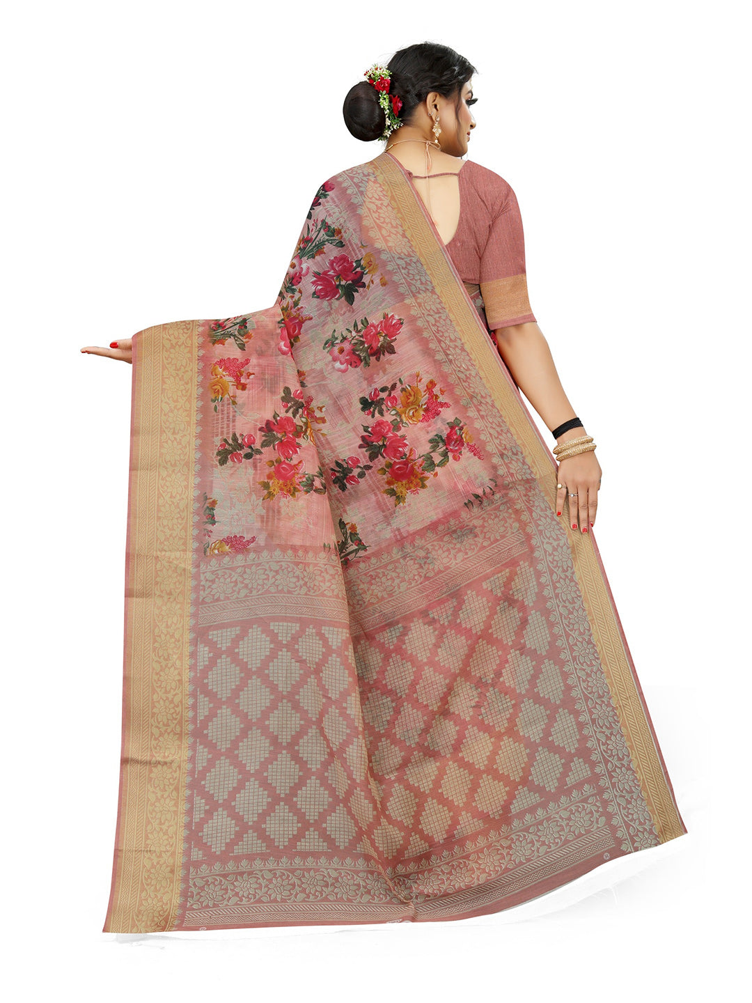 Kalini Pink & Gold-Toned Floral Art Silk Mysore Silk Saree - Distacart