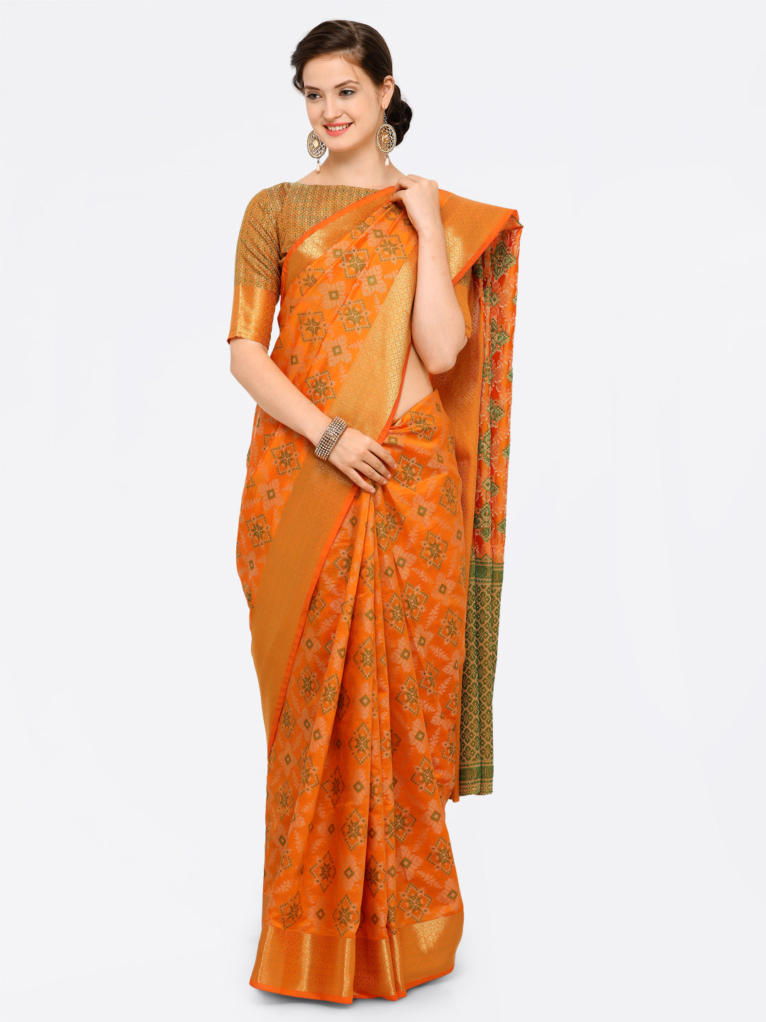 Saree Mall Yellow Silk Blend Patola Print Kanjeevaram Saree with Unstitched Blouse - Distacart
