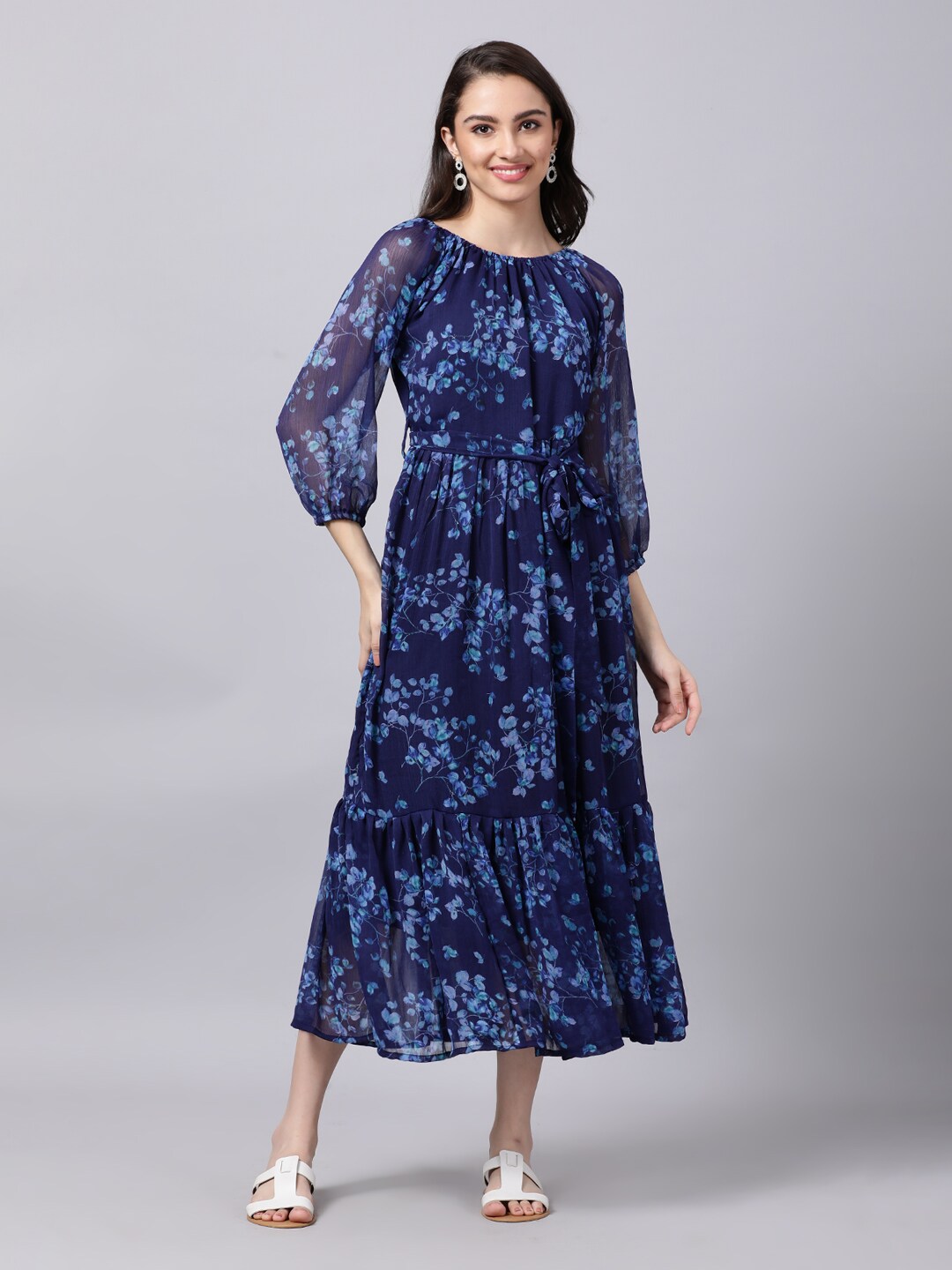 Souchii Navy Blue Floral Layered Chiffon A-Line Midi Dress - Distacart